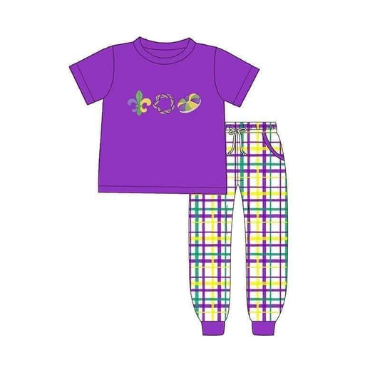 preorder BSPO0722 Mardi Gras Purple Short Sleeve Checkered Pants Boys Set
