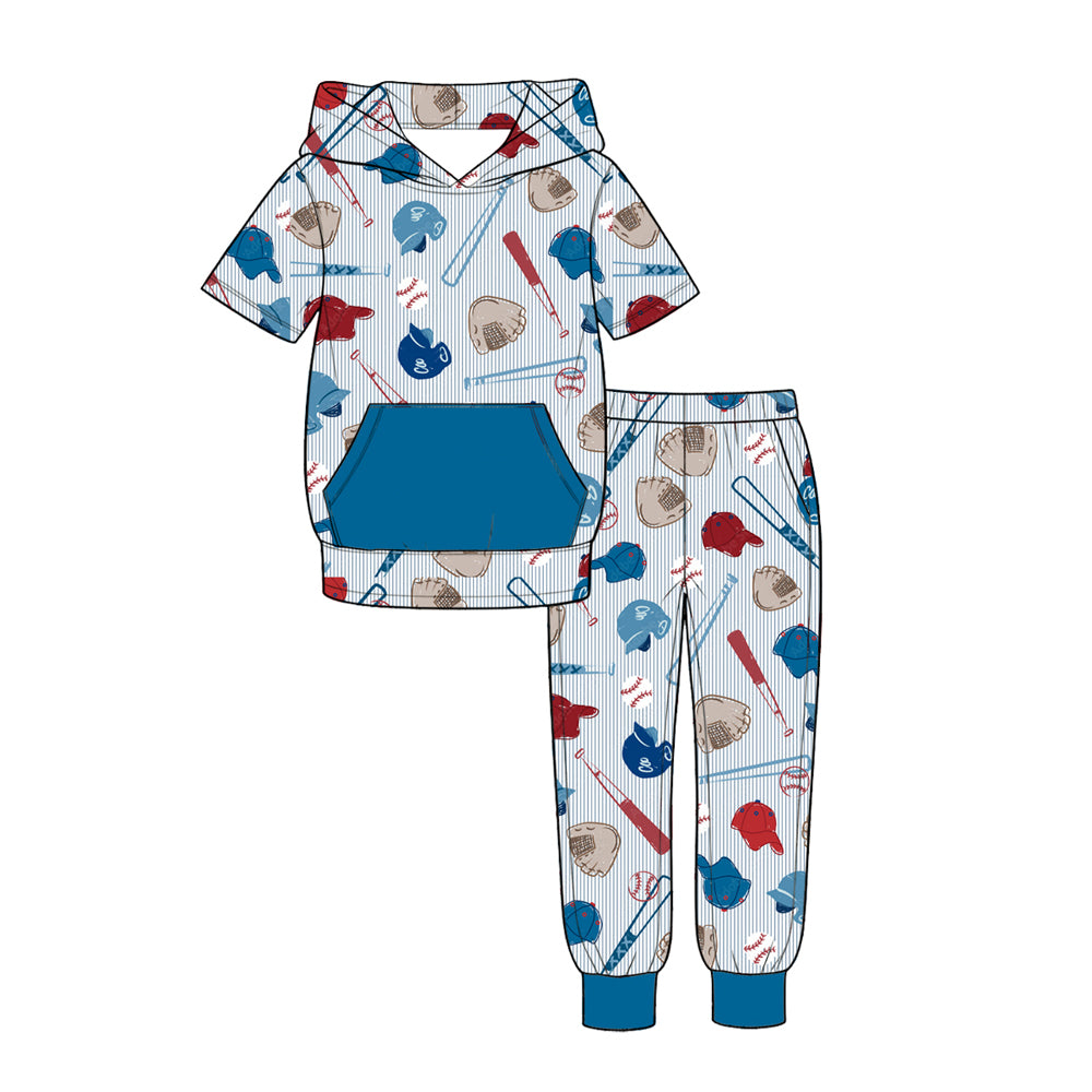 preorder BSPO0733 Play Baseball Blue Pocket Hoodie Short Sleeve Pants Boys Set