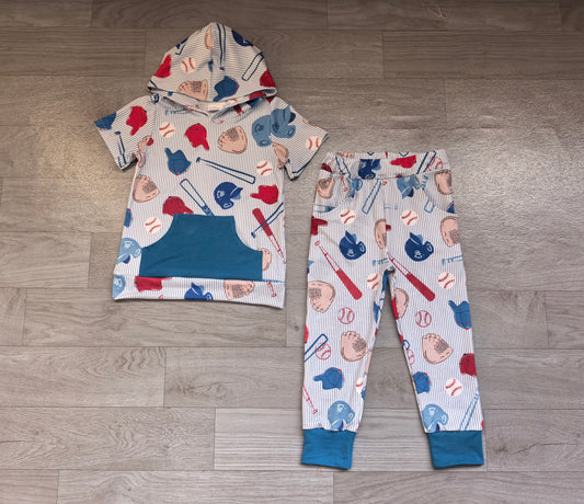preorder Samples BSPO0733 Play Baseball Blue Pocket Hoodie Short Sleeve Pants Boys Set