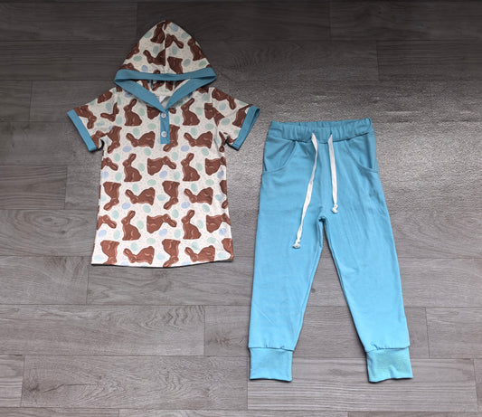 preorder Samples BSPO0735 Easter Rabbit Blue Hoodie Short Sleeve Pants Boys Set