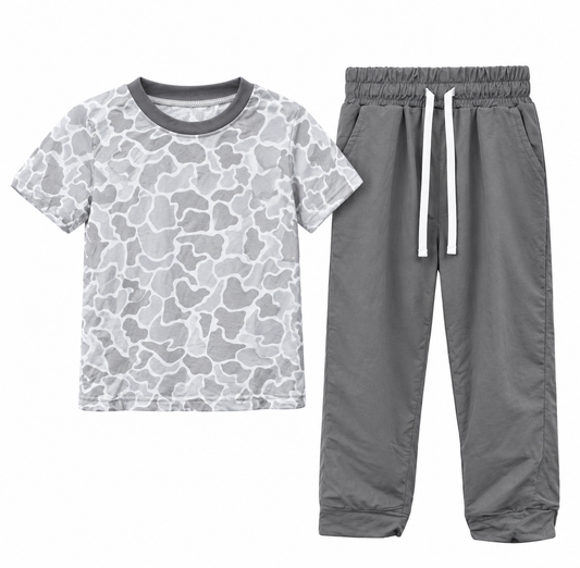 preorder BSPO0738 Gray Camo Short Sleeve Gray Pants Boys Set