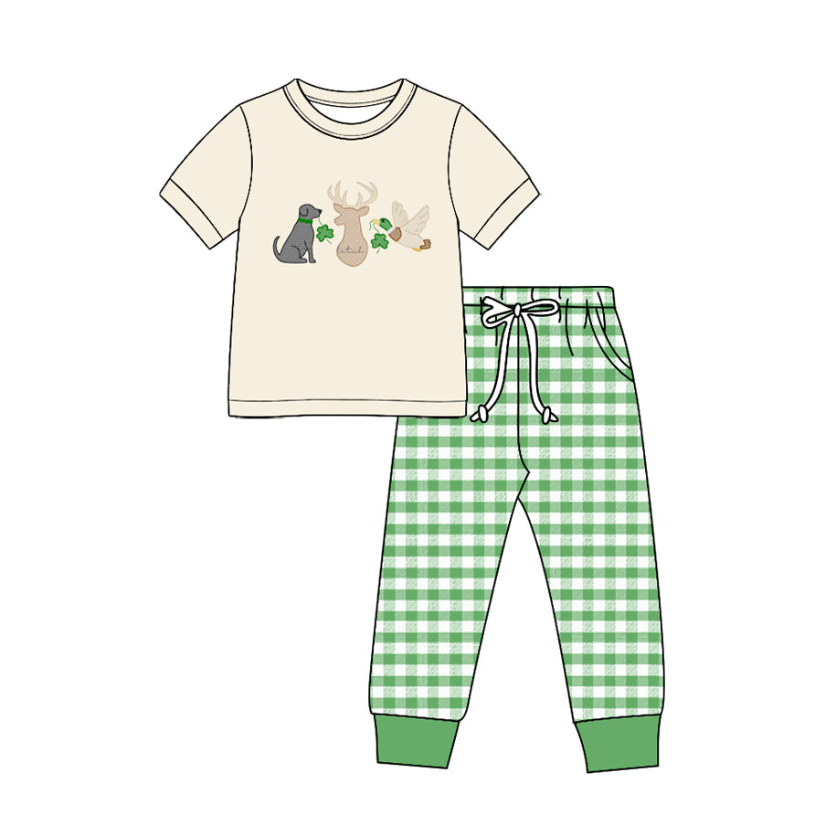 preorder BSPO0739 St Patrick Clover Hunting Short Sleeve Green Checkered Pants Boys Set