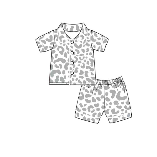 (pre order)BSSO0272 Grey Leopard Print Short Sleeve Kids Shorts Pajamas