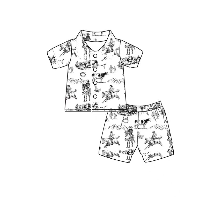 BSSO0275 Cow Cactus Western Short Sleeve Kids Shorts Pajamas