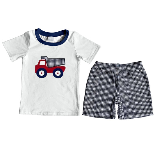 preorder BSSO0286 Construction truck short sleeve navy checkered shorts boys set