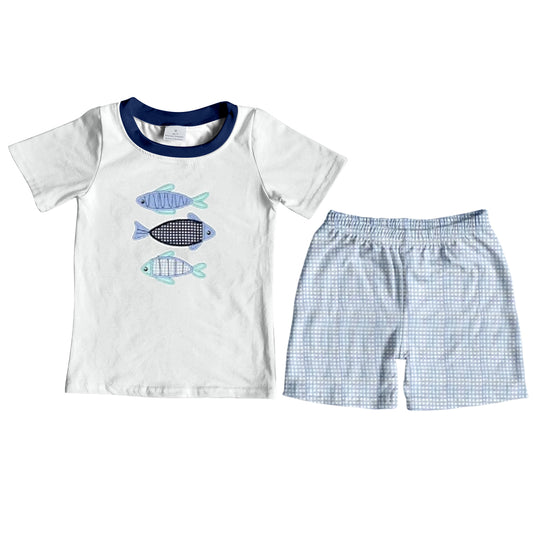 preorder BSSO0287 Fishing short sleeve blue checkered shorts boys set