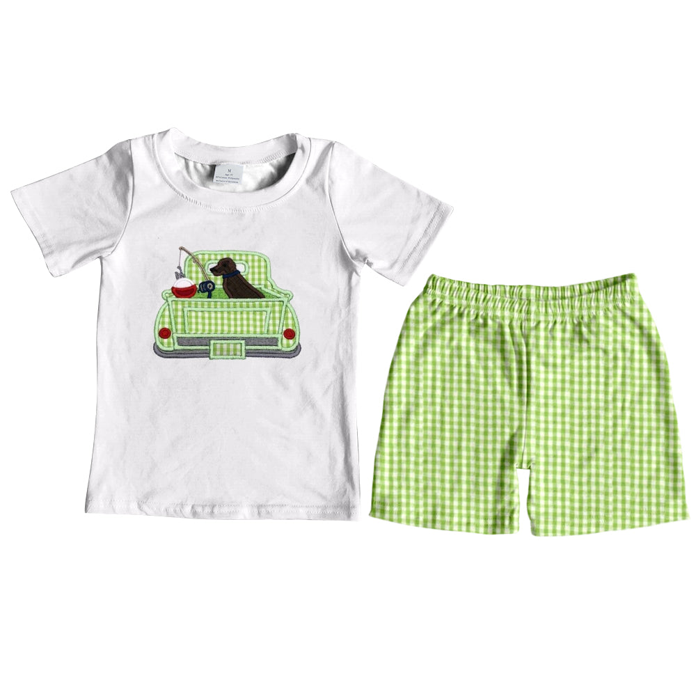 preorder BSSO0289 Truck dog fishing short sleeve green checkered shorts boys set