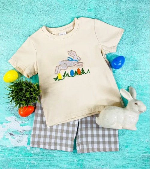 preorder BSSO0300 Easter rabbit egg short sleeve grey checkered shorts boys set