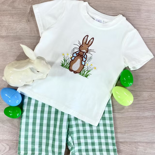 preorder BSSO0306 Easter rabbit white short sleeve green checkered shorts boys set