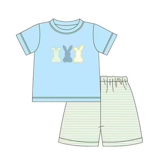 preorder BSSO0309 Easter rabbit blue short sleeve striped shorts boys set