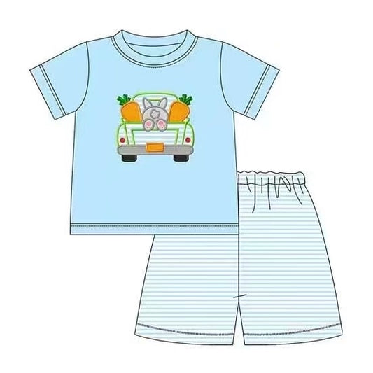 preorder BSSO0310 Easter rabbit carrot truck blue short sleeve striped shorts boys set