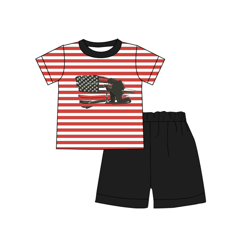 preorder BSSO0320 Red striped short sleeve black shorts boys set