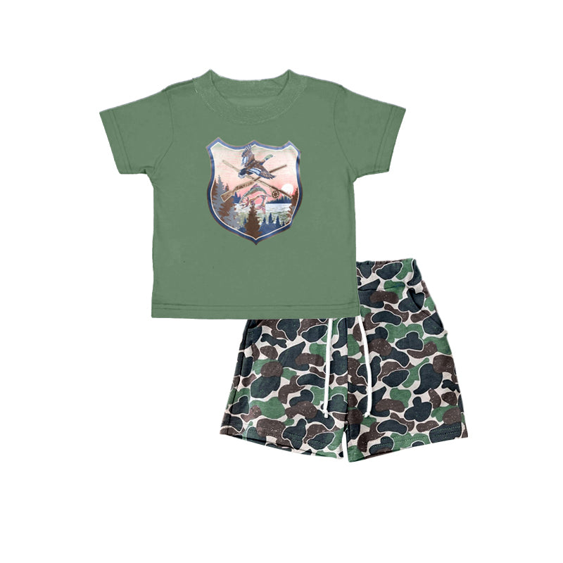 preorder BSSO0325 Hunting mallard fishing green short sleeve camo shorts boys set