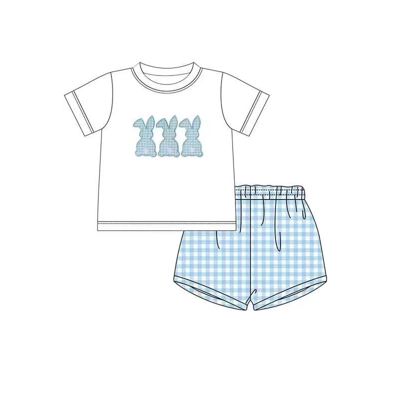 preorder BSSO0331 Easter rabbit short sleeve blue checkered shorts boys set