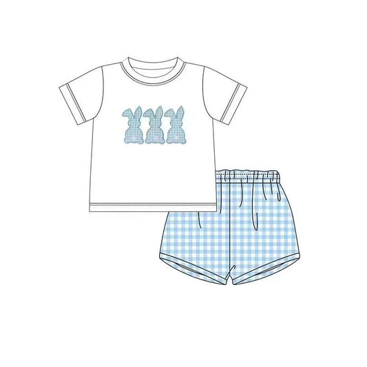 preorder BSSO0331 Easter rabbit short sleeve blue checkered shorts boys set