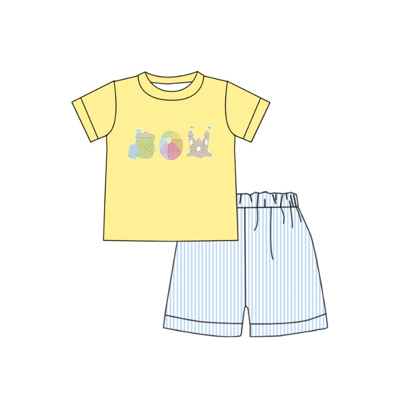 preorder BSSO0336 Beaches castles balls yellow short sleeve blue striped shorts boys set