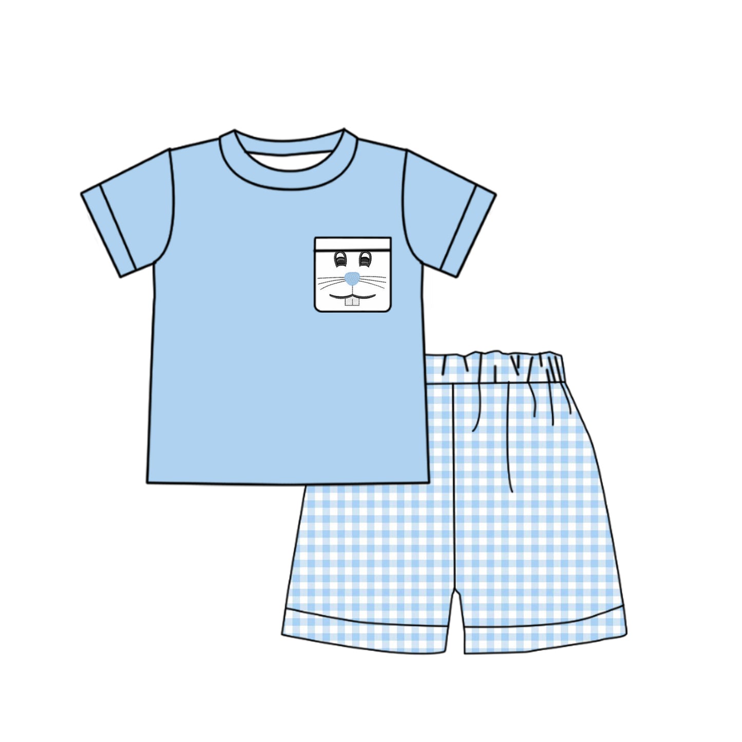 preorder BSSO0347 Easter rabbit pocket blue short sleeve checkered shorts boys set