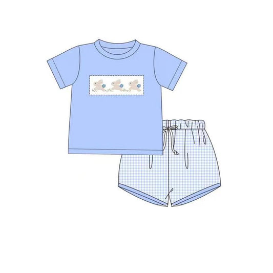 preorder BSSO0355 Easter three rabbit blue short sleeve blue checkered shorts boys set