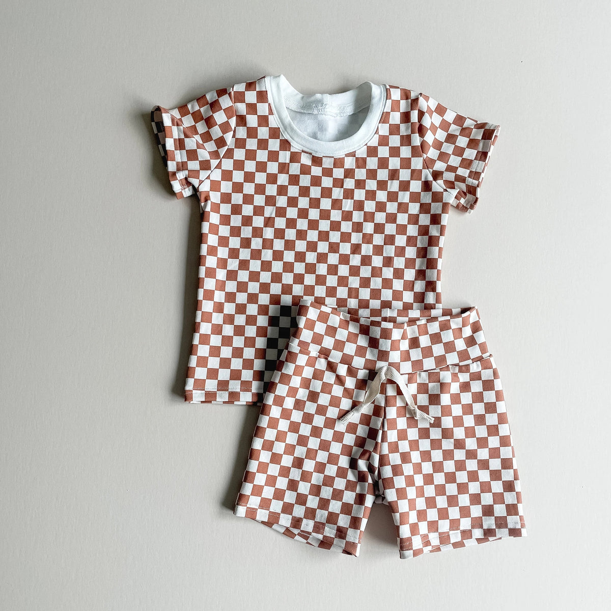 preorder BSSO0361 Brown checkered short sleeve shorts kids Summer pajamas