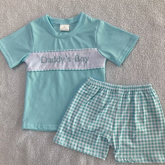 preorder BSSO0373 Daddys boy blue short sleeve blue checkered shorts boys set