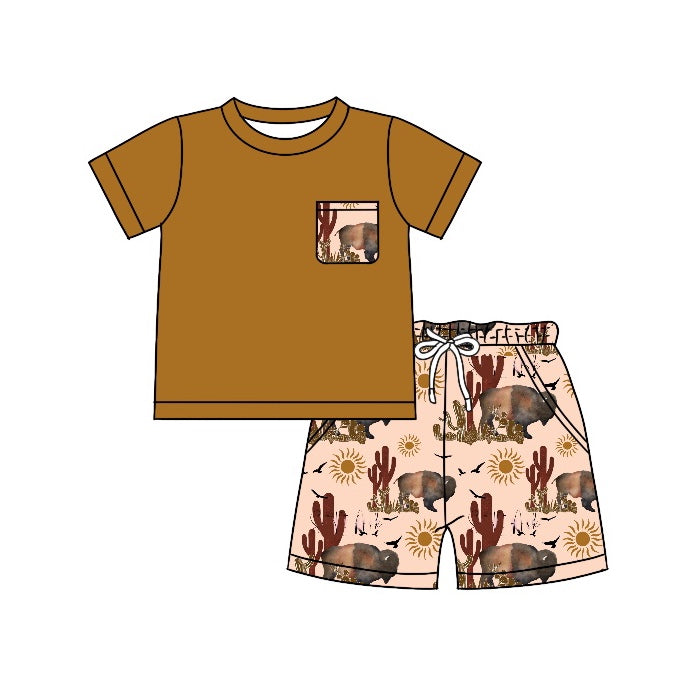 preorder BSSO0378 Wester cactus cow brown pocket short sleeve shorts boys set