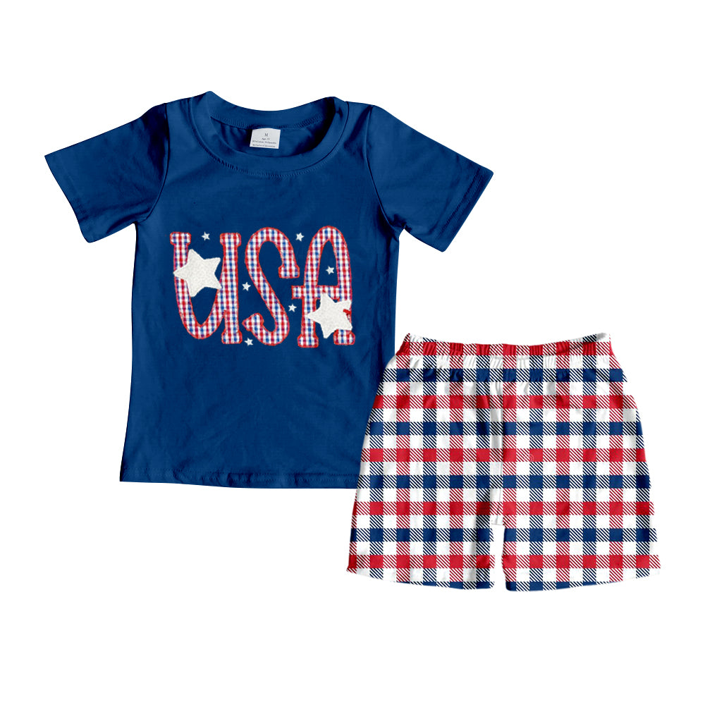 preorder BSSO0379 July 4th USA blue short sleeve red blue checkered shorts boy set