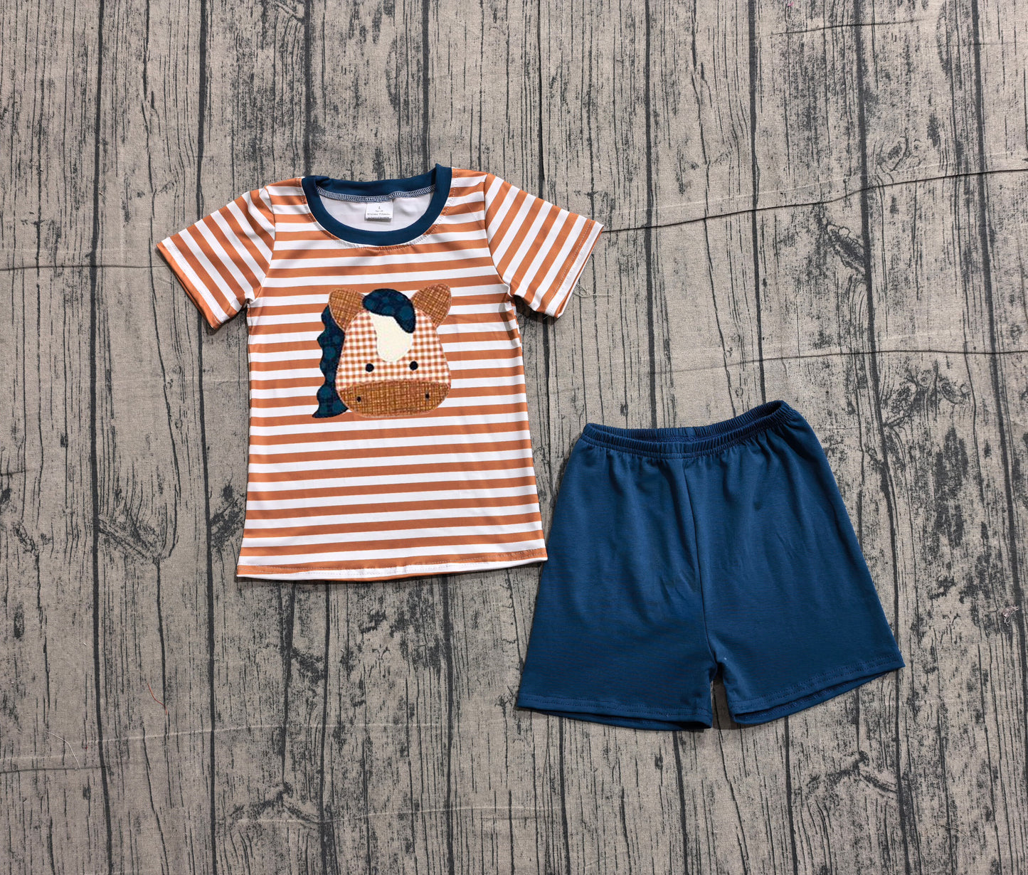 preorder Samples BSSO0380 Horse brown striped short sleeve navy shorts boys set