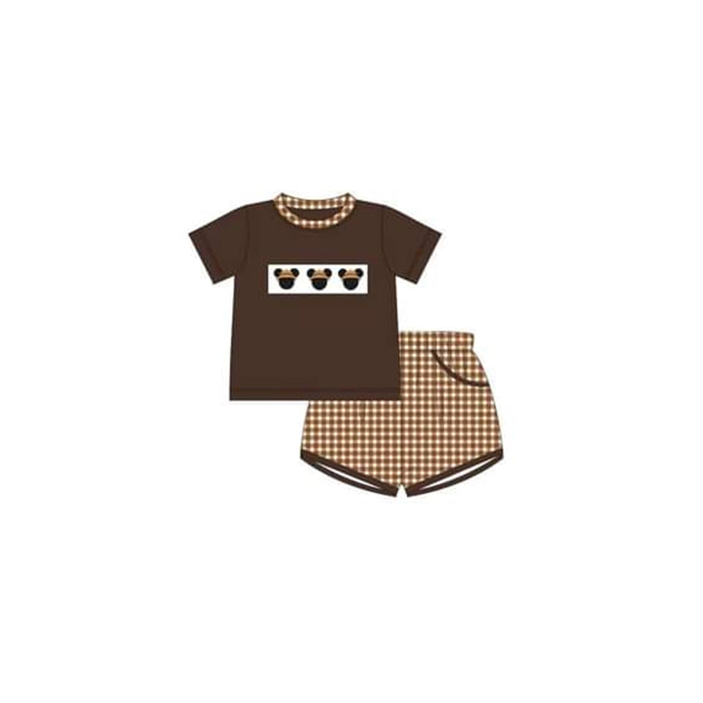 preorder BSSO0382 Cartoon expedition brown short sleeve checkered shorts boys set