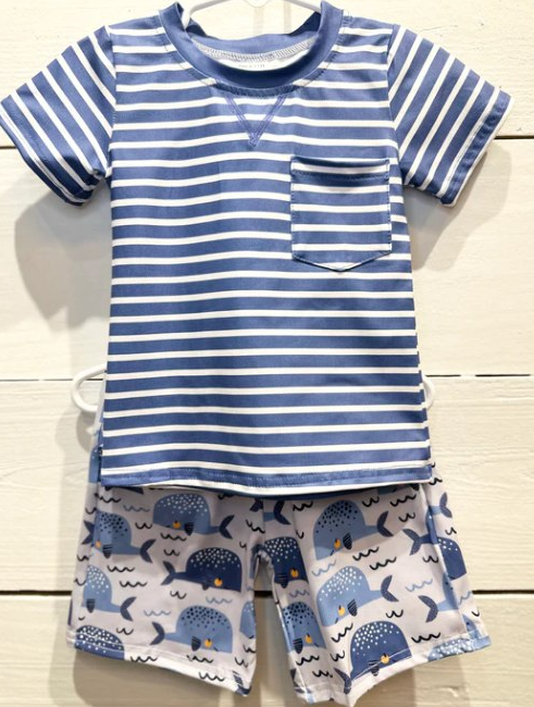 preorder BSSO0386 Blue striped pocket short sleeve cartoon cetacean shorts boys set