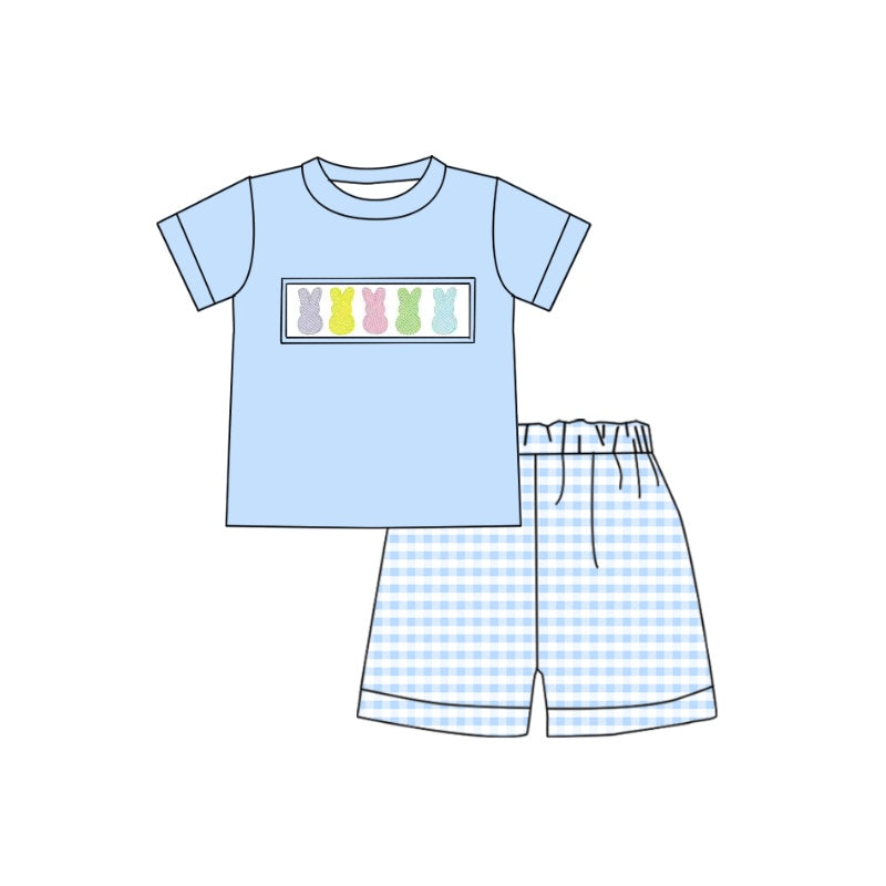 preorder BSSO0389 Easter rabbit blue short sleeve checkered shorts boys set