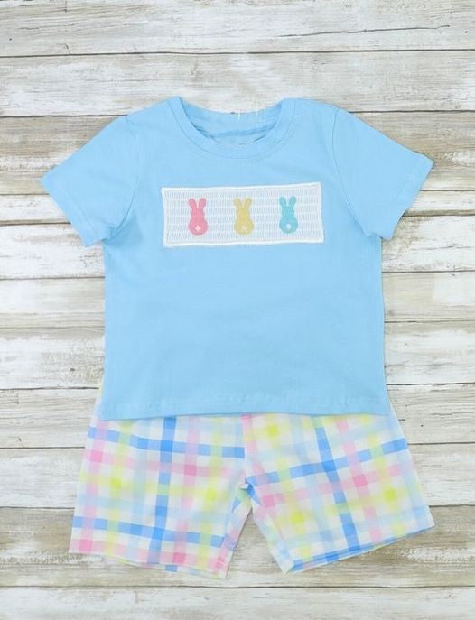 preorder BSSO0399 Easter rabbit blue short sleeve colorful checkered shorts boys set