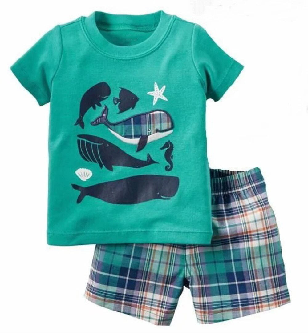 preorder BSSO0400 Whale starfish green short sleeve blue green checkered shorts boys set