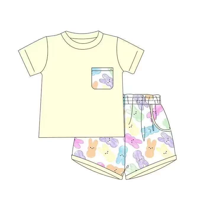 preorder BSSO0408 Easter rabbit yellow pocket short sleeve shorts boys set