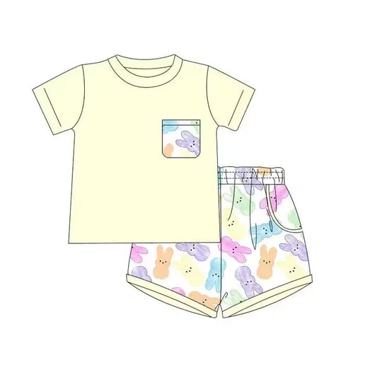 preorder BSSO0408 Easter rabbit yellow pocket short sleeve shorts boys set