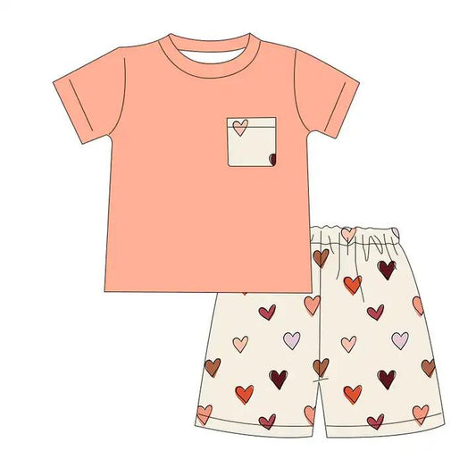 preorder BSSO0412 Valentine's Day heart orange pocket short sleeve shorts boys set