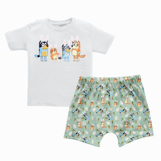 preorder BSSO0422 Cartoon dog short sleeve green shorts boys set