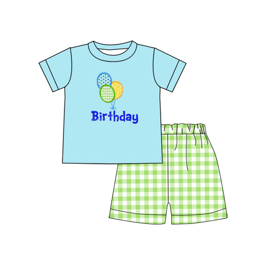 preorder BSSO0428 Birthday Balloon Blue Short Sleeve Green Checkered Shorts Boys Set