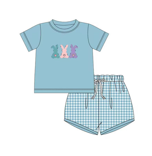 preorder BSSO0432 Easter Three Rabbit Blue Short Sleeve Checkered Shorts Boys Set