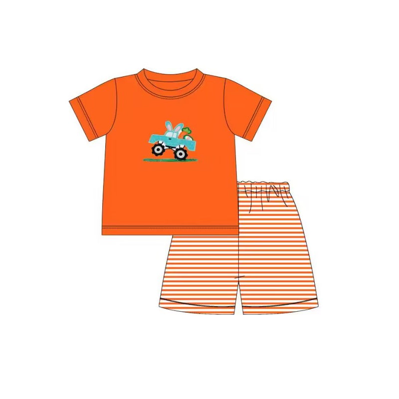 preorder BSSO0433 Easter Egg Carrot Truck Orange Short Sleeve Orange Striped Shorts Boys Set