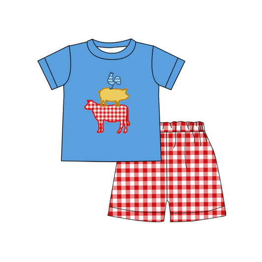 preorder BSSO0435 Farm Chick Pig Cow Blue Short Sleeve Red Checkered Shorts Boys Set