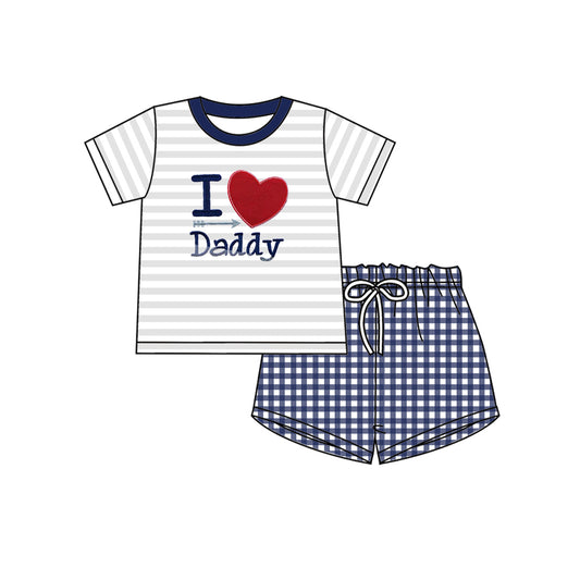 preorder BSSO0439 I Love Daddy Striped Short Sleeve Navy Checkered Shorts Boys Set