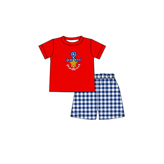 preorder BSSO0440 July 4th Boat Anchor Red Short  Sleeve Navy Checkered Shorts Boys Set