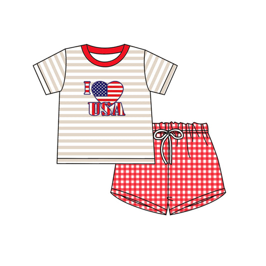 preorder BSSO0441 July 4th I Love USA Striped Short Sleeve Red Checkered Shorts Boys Set