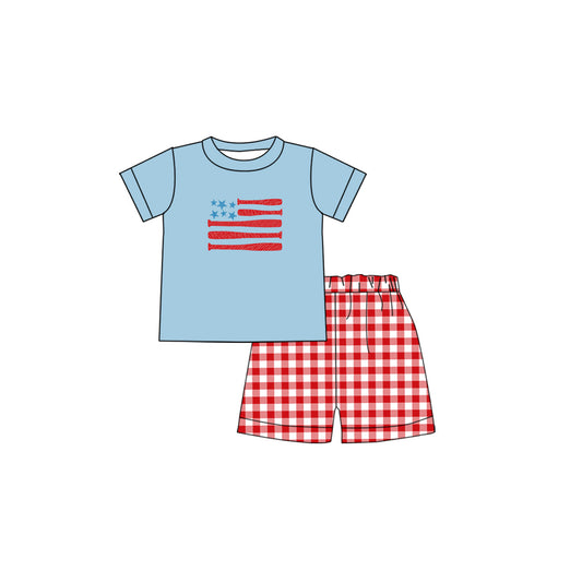 preorder BSSO0442 July 4th Flag Blue Short Sleeve Red Checkered Shorts Boys Set