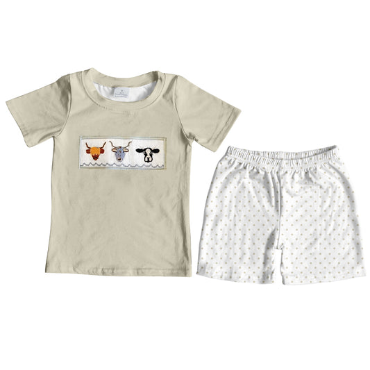 preorder BSSO0447 Western Cow Khaki Short Sleeve Dot White Shorts Boys Set