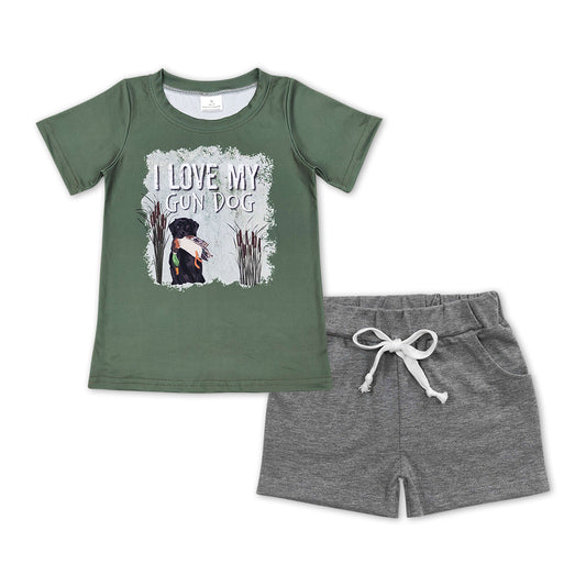 BSSO0448 Hunting I Love My Gun Dog Green Short Sleeve Grey Shorts Boys Set
