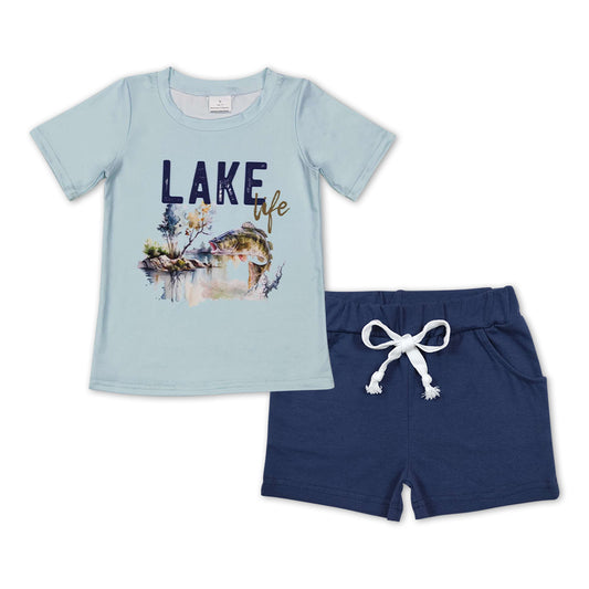 BSSO0449 Hunting Lake Fishing Blue Short Sleeve Navy Pockets Shorts Boys Set