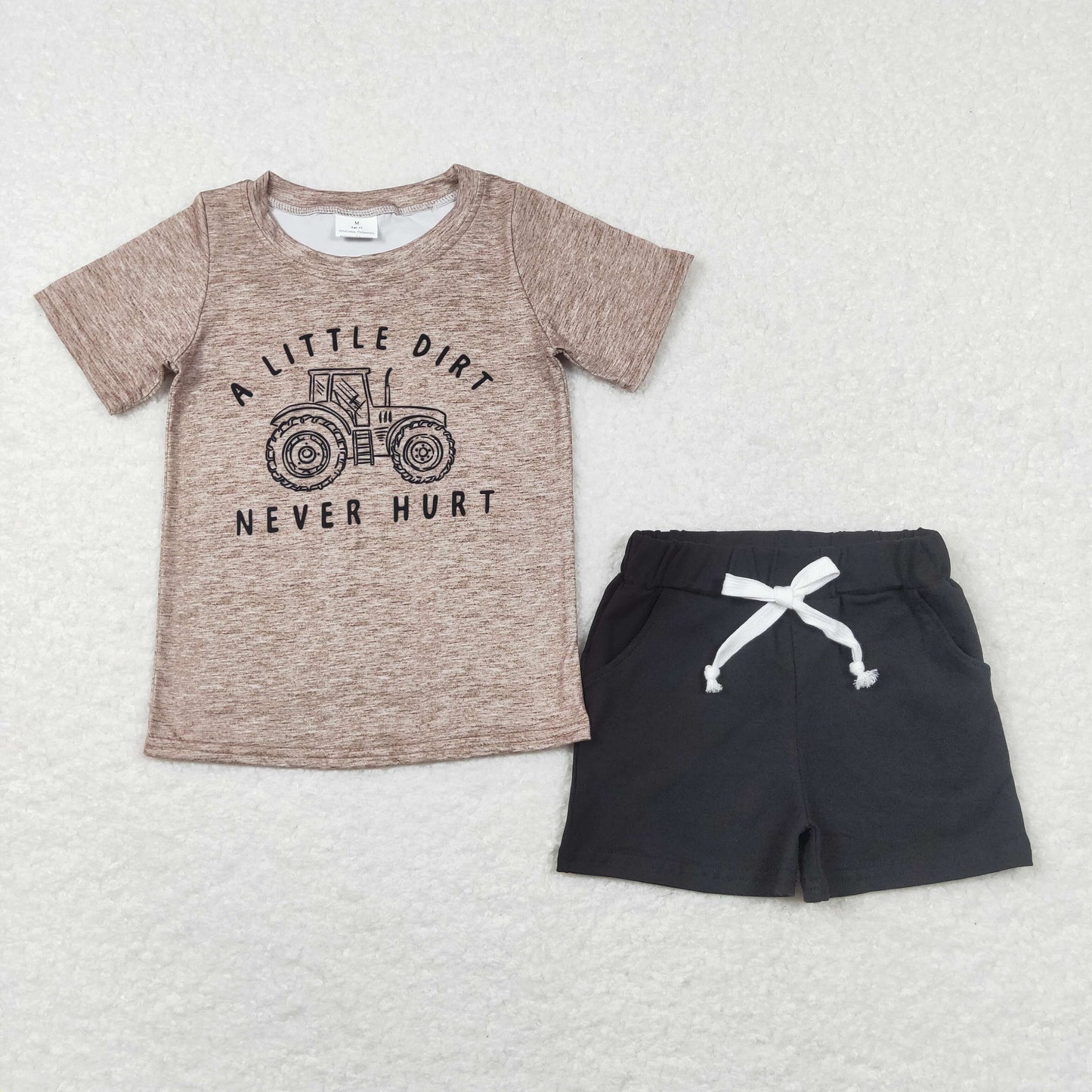 BSSO0450 A Little Dirt Never Hurt Tractor Short Sleeve Black Shorts Boys Summer Set