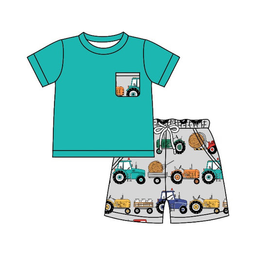 preorder BSSO0451 Farm Blue pocket Short Sleeve Tractor Truck Shorts Boys Summer Set