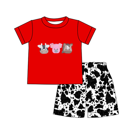 preorder BSSO0453 Baby Farm Cow Pig Horse Red Short Sleeve Cow Print Shorts Boys Summer Set